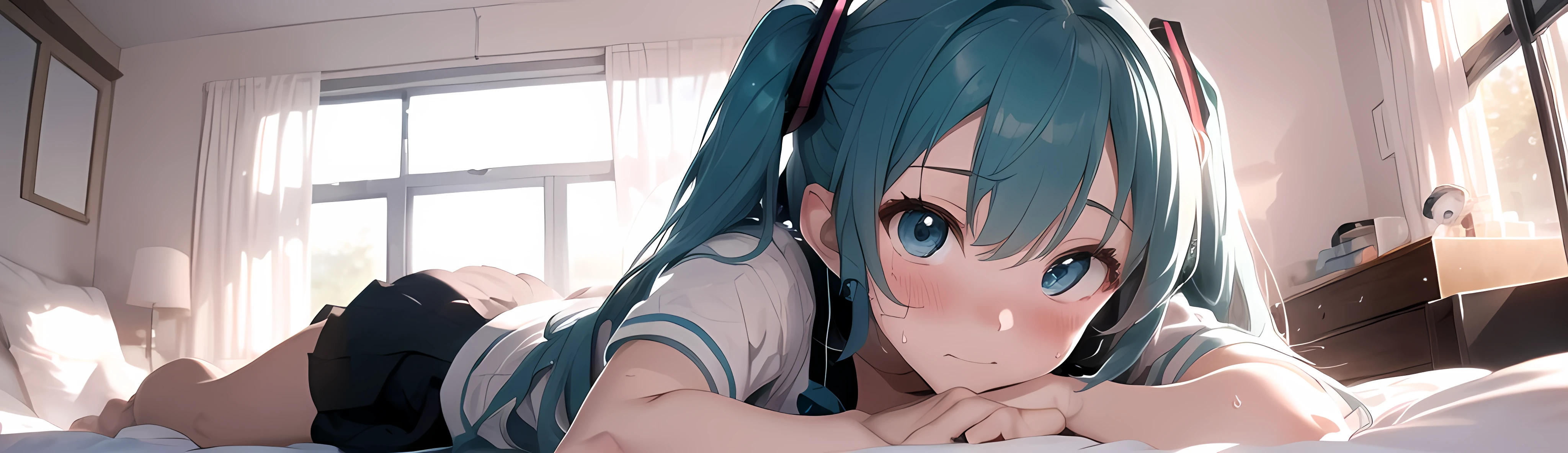 (masterpiece,Best Composition,Depressed Illumination,top quality,Super Detailed),best shadows,Rim lighting,perfect composition,full body,(Hatsune Miku:1.2),Voluptuous Body,light blue twin tail hair, beautiful light blue big eyes,look at here,shy,(Blushing,Sweating:1.3),see-through uniform and skirt,big breasts,Cleavage,(lying down on her Side,Lift her hips a little,Turn her ,on luxury canopy bed:1.3),pink girly room