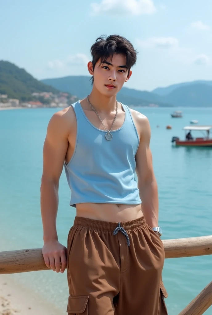 full shot ,1boy,solo,asian young man,3 days beard,skinny,twink,normal body, sitting on the edge of a pier, feet submerged in water, wearing a well-fitted tight teal tank top, wearing well-fitted khaki shorts, bare feet, light bokeh, blurred outdoor lake background, golden hour, natural light, sunlight, relaxed natural expression, (wearing a watch:0.5), looking at camera