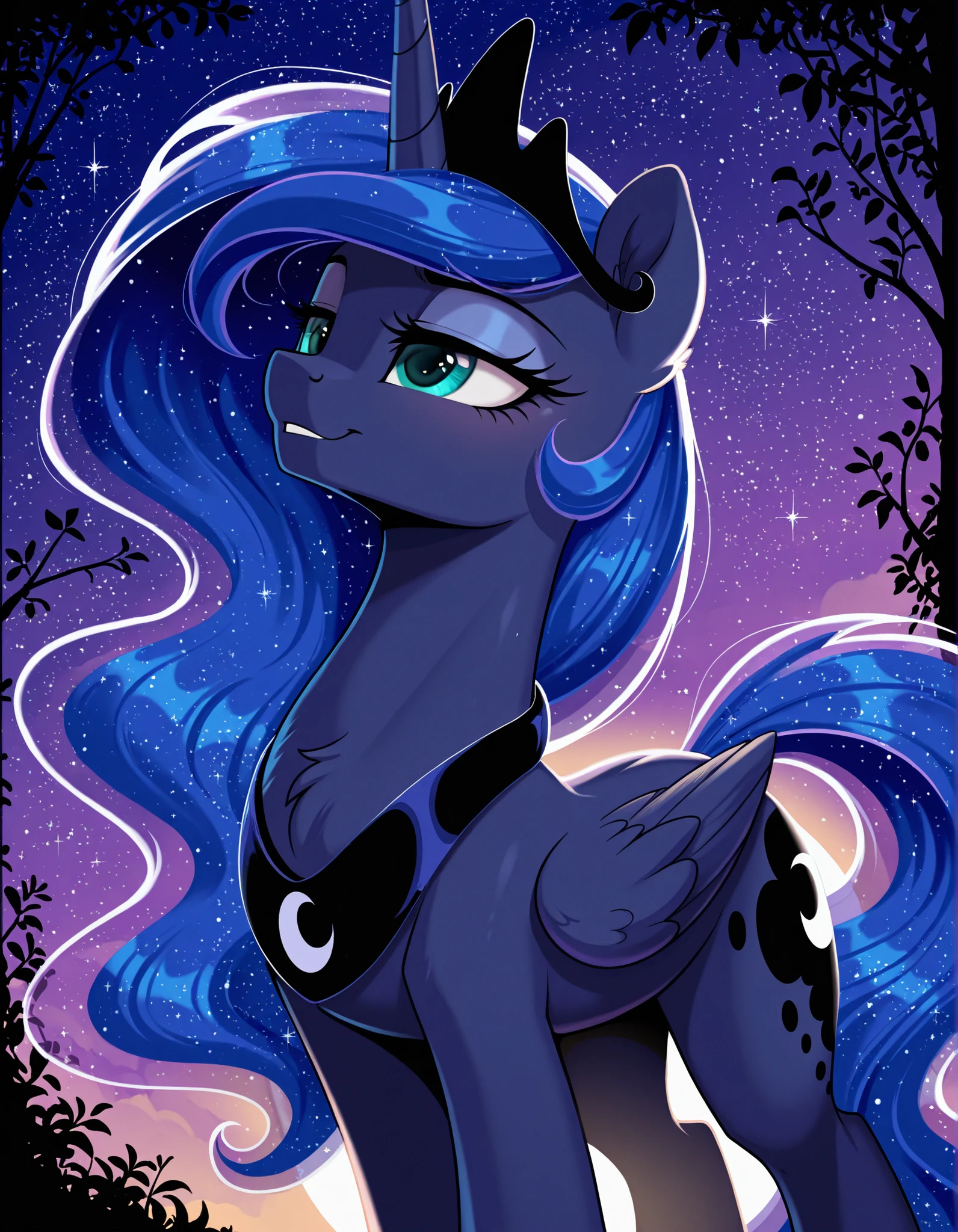 resolution, masterpiece, high resolution, (SOLO: 1.2) my little pony, friendship is magic, wild, detailed background, Princess Luna is an alicorn, her body is the dark blue of the night sky, Her mane and tail are long and wavy, Her eyes are green, , She wears a crescent-shaped ornament on her neck, and a crown on her head.