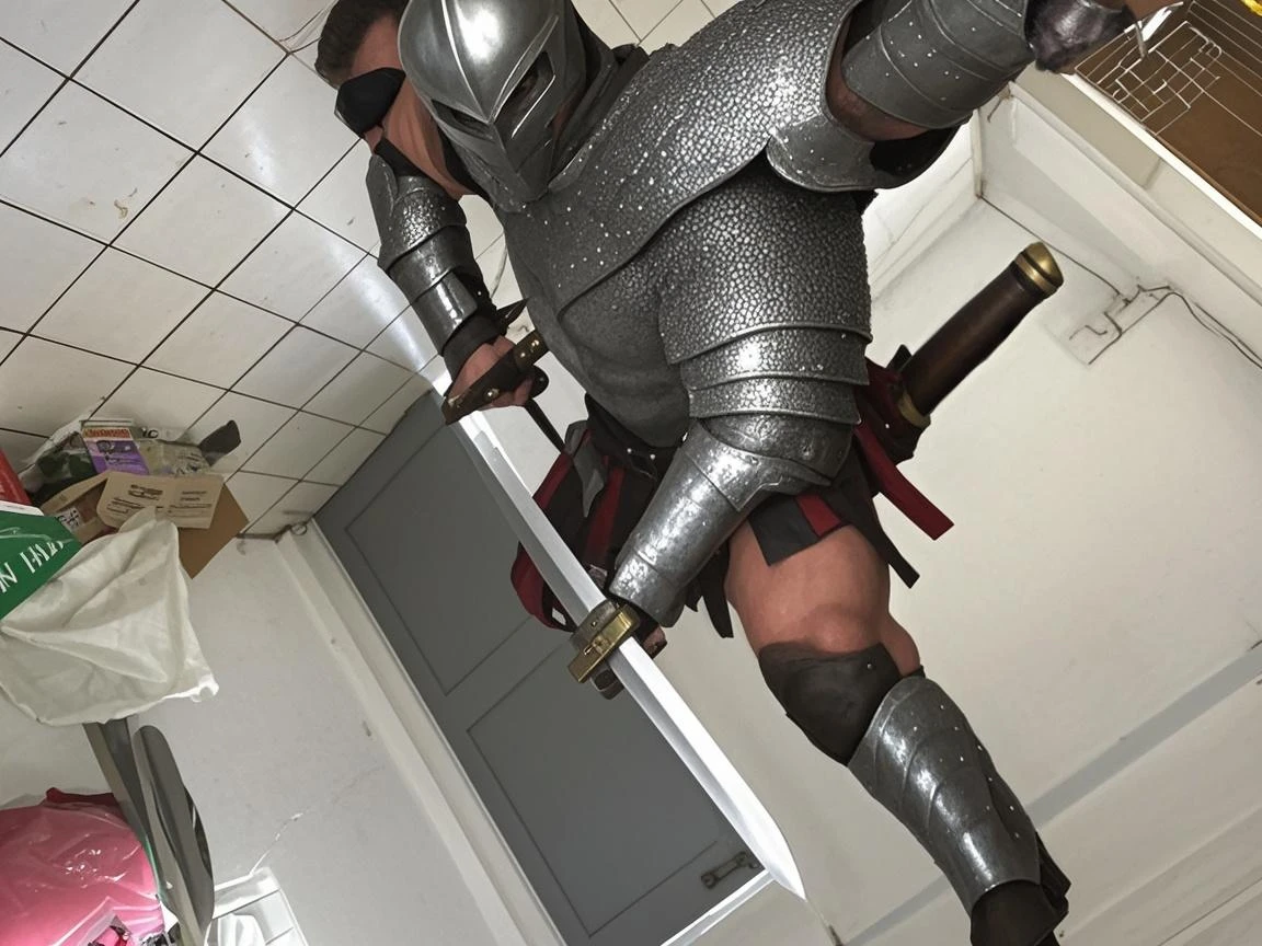 NSFW (male black knight in armor with big penis) full body, standing on a deserted beach