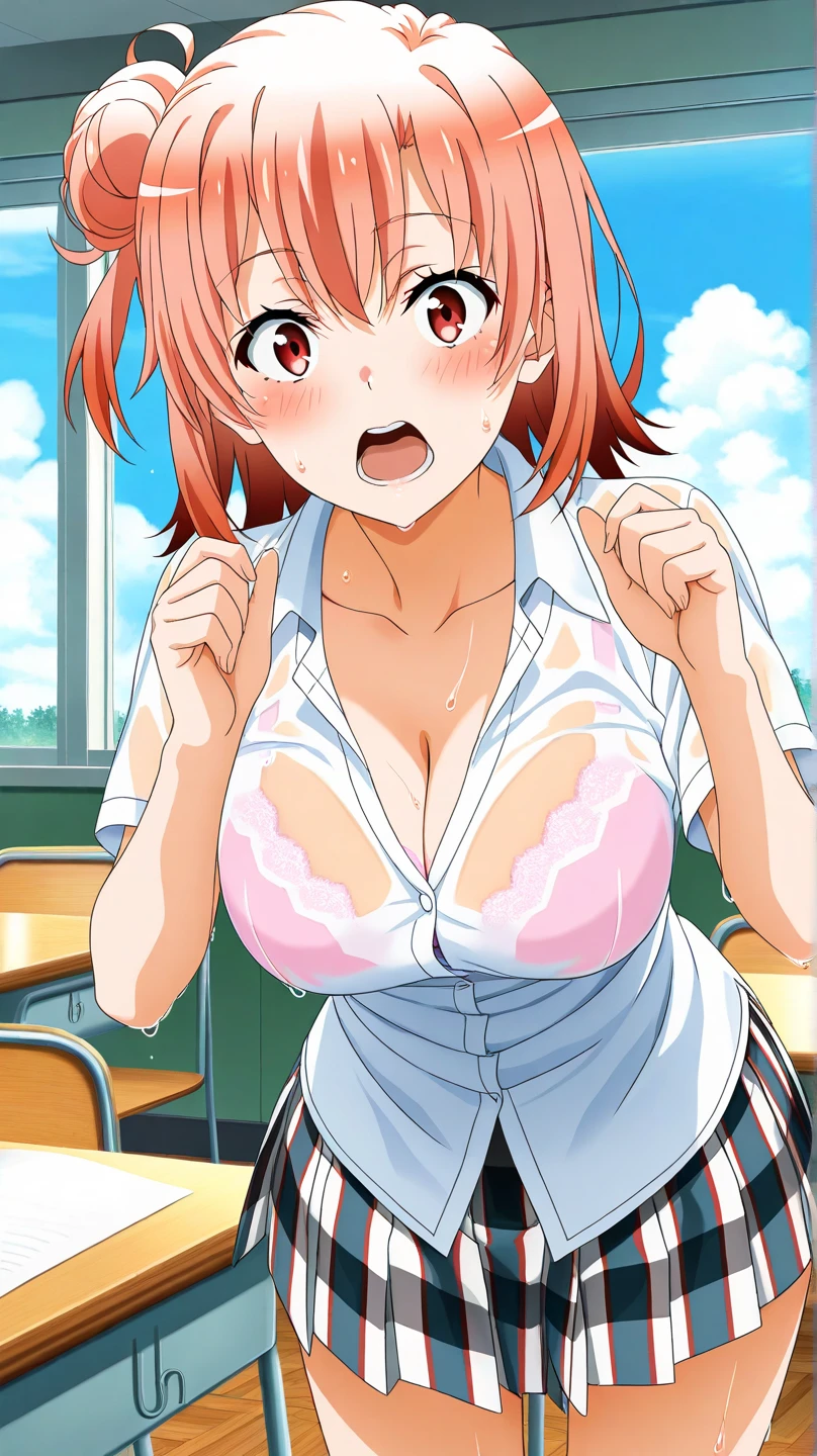 highest quality, High resolution, perfect pixel, Depth of the bounds written, 4k, beautiful anime girl, perfect body, 
looking at the viewer, 
Yuigahama Yui, 1 girl, short hair, pink hair, hair bun, pink eye, 
large breast, 
tennis uniform, 
cowboy shot, 

masterpiece, best quality, 1girl, (nsfw:1.0), spread legs, sitting, leg up, nude, (pussy focus:1.0), sweat, shiny skin, heavy breathing, pubic hair, ( sex, intercourse, penetration, hetero, motion lines, motion blur, spoken heart:1.1), (lying, on back, bed,pov:1.1)