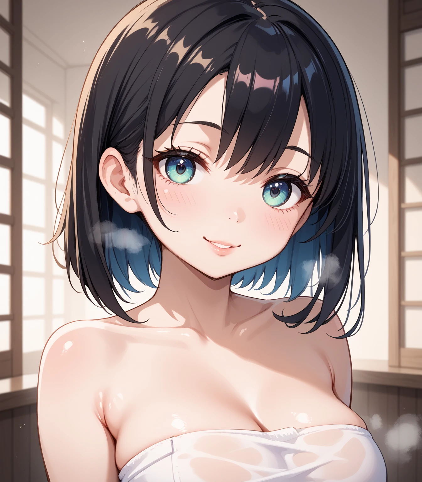 top-quality、hight resolution、detaileds、tits out、teats、NSFW、a beauty girl、Upper body visible、Upper body naked、fantasy worlds、sauna、Sweating、Nekomimi、
