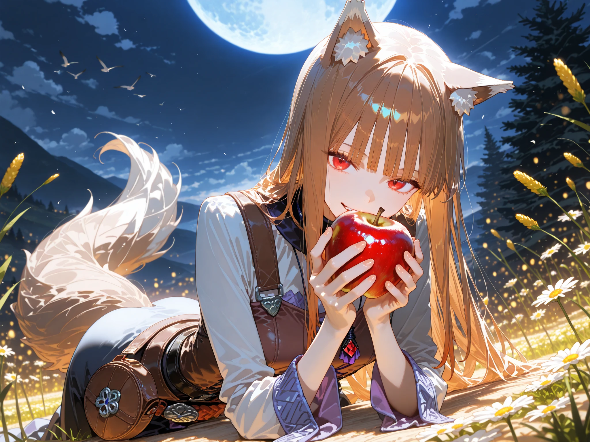 (masterpiece, detailed:1.2),(High CT quality,4k,High resolution,main piece:2.3),Very detailed,Realistic:1.37,Best quality,masterpiece, high resolution,on_body, Tyndall effect,photorealistic, Edge lighting, Two-color lighting,(high definition skin:2.3), (8K UHD, DSLR quality, soft lighting, high quality, surround lighting, sincere, de 8K , 4K, 8K.) Character, Holo, red eyes, bangs, blunt bangs, sidelocks, animal ears, wolf ears, wolf tail, brown hair, long hair. Long medieval  dress, long sleeves, leather vest,belt with purse. She smiles slyly. She holds out an apple. She bite red apple. On the background : blue sky, a farmer's field where golden rye grows.  Cornflowers and daisies are in bloom.