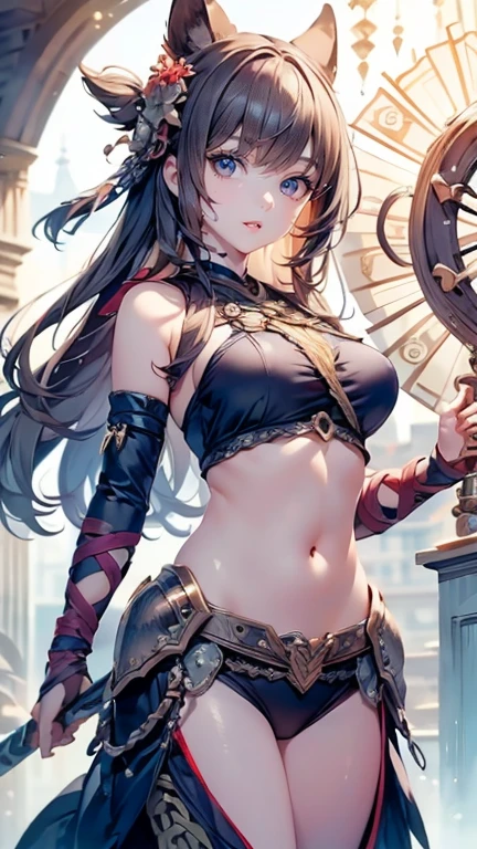 1girl, short tan skin female barbarian with lancer, muscular body, detailed eyes, detailed face, beautiful detailed lips, longeyelashes, epic fantasy rpg, highly detailed, 8k, masterpiece, vibrant colors, dramatic lighting, cinematic
