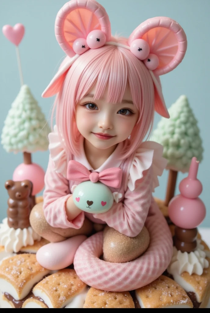 araffe with pink hair and a green and pink teddy bear, Beautiful Delfina, anime girl in real life, anime cosplay, anime girl cosplay, linda garota with pink hair curto, cute kawaii girl, ruan father vtuber, cosplayer dressed as a crab, Kawaii realistic portrait, with pink hair, barbie anime doll, Yami Kawaii, cosplayer
