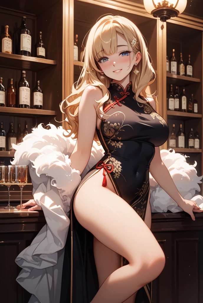 （（midynight， best qualtiy， 8K， tmasterpiece ：1.3））， full bodyesbian， long leges， Sharp focus ：1.2， A beautiful woman with a perfect figure ：1.4， Slender abs ：1.1， （， gigantic cleavage breasts ：1.2）， （nighttime scene， the roof：1.3））， Highly Detailed Face and Skin Textur， Fine Eye， 二重まぶた，（best qualtiy）Meticulous Gao Yagui lace gold skinny cheongsam girl，（Background with：Exquisite bar、Alcohol from different countries、Bartender），Sit on the floor of the bar，spread their legs，Wear a golden skinny cheongsam，Paired with noble lace，Excitation，cleanness，Bare chest，Protruding lower abdominal muscles，Reveal tight panties，And for《Super》Add a cinematic touch to your scene，（（（Super big breasts：K cup））），（（Blonde curls，Pick dyeing、Colorful）），Tied with a high ponytail，Film lighting completes the overall atmosphere。