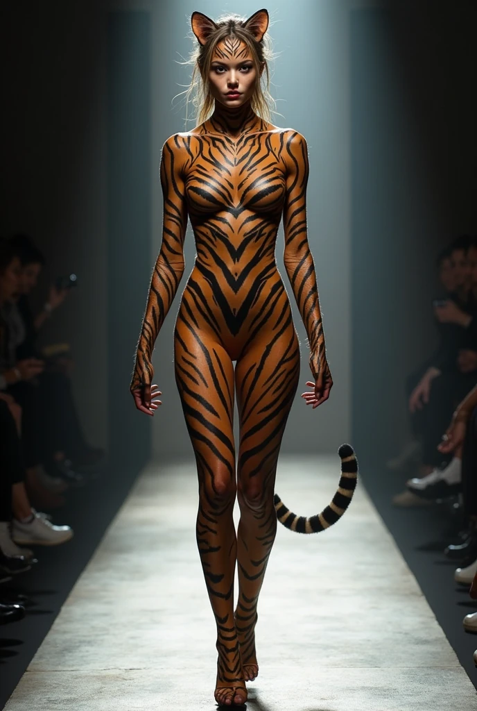 A 30 years old beautiful chinese woman with a pair of glasses wears a species of leopard lycra and elastane turtleneck unitard catsuit with a long tail and leopard print lycra and
 elastane dancewear hijab-like hood for the drama performance concert.