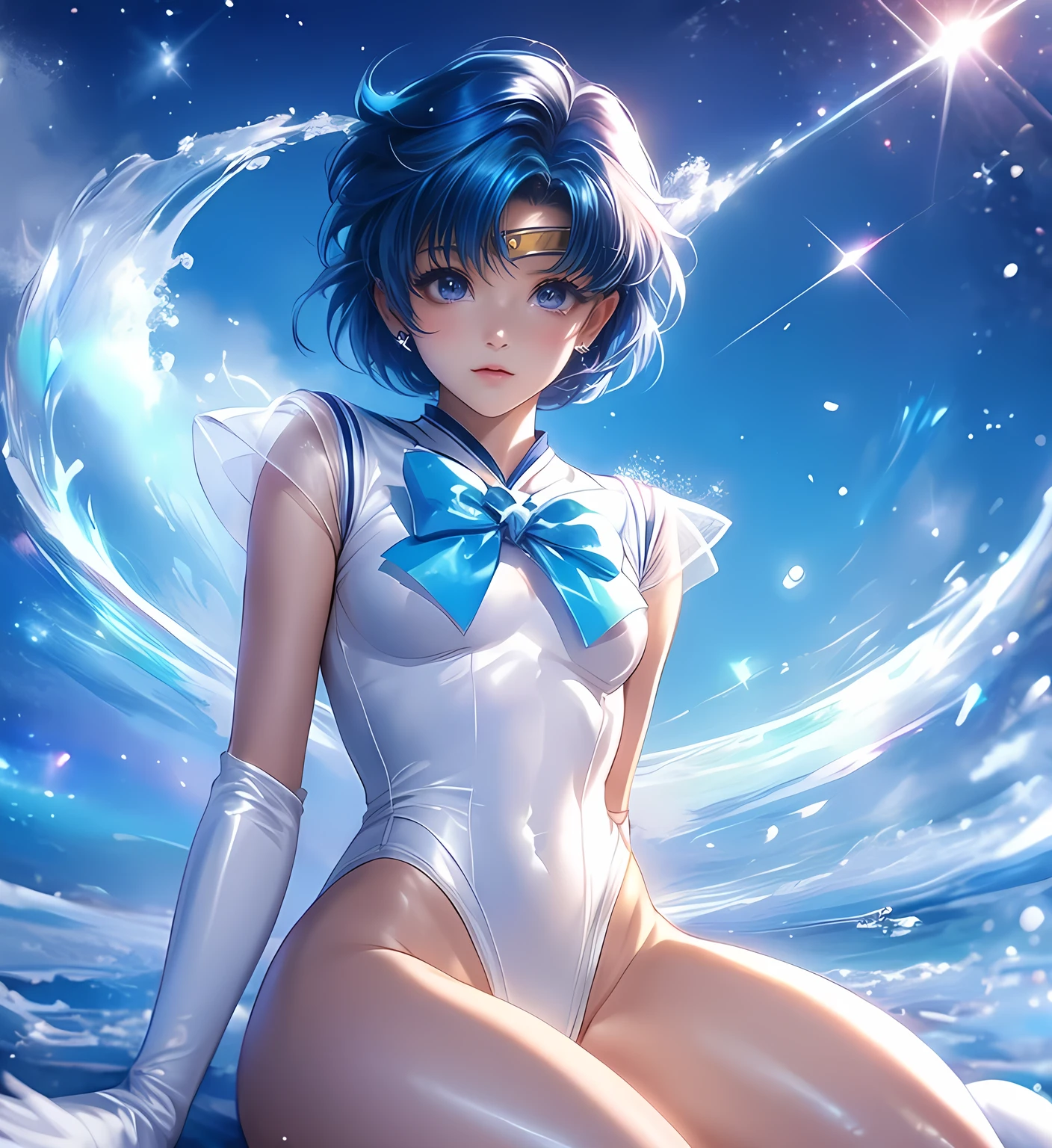 cheio: 1.3, to stand, masutepiece, ........3d, Realistic, Ultra Micro Fotografia, of the highest quality, ultra detalhado CG unidade 8k papel de parede, (Mer1, Tiarra, Uniforme Sailor Senshi, luvas brancas, Colar de marinheiro azul, saia azul, Uniforme Sailor Senshi: 1.2, Marinheiro Mercury: 1.3, Meishaonv), de baixo, detalhes intrincados, (1 mulher), 19 anos, short hair, Cabelo azul curto flutuante: 1.2, Revelado uniforme do marinheiro Senshi, Mini saia ultra plissada sexy cor azul brilhante: 1.3, ((arco azul muito grande no centro do peito,,,: 1.3, tiara dourada na testa: 1.2, Luvas azuis nos cotovelos: 1.2, bare arms: 1.1, Botas longas de cano alto em esmalte azul brilhanuxury Gold Decoration: 1.3, Cor larga azul saturada, cor azul saturado do marinheiro, Long white latex gloves with luxurious golden decoration: 1.3, very large blue bow behind the waist,,,: 1.1, Gargantilha Azul, decote parece sexily ousadamente grande: 0.6)), (very suitable and suitable high gloss white holographic leather: 1.3), White silver high leg cut swimsuit,Brincos azuis em forma de estrela, Faixa separada, ((sorriso sedutor, cara muito bonita, Detalhes do rosto: 1.5, Olhos azuis Brilhantes, beautiful face, olhos bonitos, olhos brilhantes, lips up to: 1.3, up to, Sharp, pale eyebrows, long dark eyelashes, Double eyelashes)), Joias de ouro de luxo, ((Postura de combate)), Asa de respingo enorme, UP TOS and muscle muscles, abdominais musculosos, um rosto pequeno, peito enorme, perfectly proportions, cintura fina, Pose de modelo sexy, visible pore, perfect hands: 1.5, octane rendering, highly dramatic picture, Luz natural forte, sunlight, exquisite lighting and shadow, Dynamic angle, Harpa DSLR, foco: 1.0, Maximum clarity and sharpness, (The water deity: 1.1, Splash space background, Dynamic water background, Water on Earth: 1.2, water hair, water bubbles, Dynamic frames, quicksilver, fora, ......lua, Dynamic background, fundo do detalhe)),(Mecha Musume)