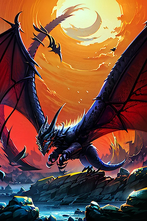 cinematic, skyrim themed, a warrior wearing leather armor and horned helmet, 2 swords in hand, looking up at the sky, a dark demonic dragon is flying in the air in circles, snow peaked mountains in background, small village, very detailed, masterpiece, adventurous, cloudy sky,