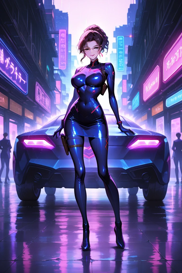 A cute woman ( sexy skin suit, a few cybernetic data-ports mar her skin, neon chrome color scheme (random color)) posing next to a matching cyber super car, future tokyo
