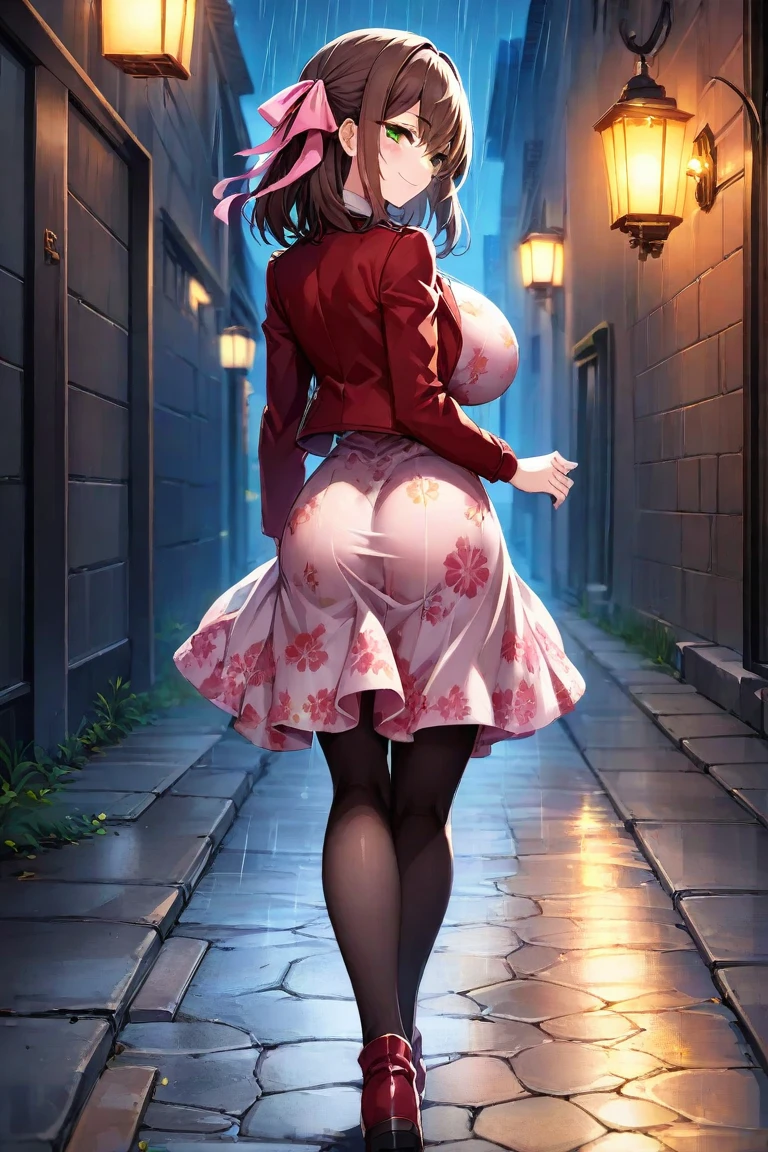 highly detailed skin, highly detailed face, (beautiful detailed eyes, the girl smiles, red cheeks), (A girl stands and walks), The girl is a cute 18-year-old, ((no panties, Cute, thin pubic hair)), (Not wearing a bra, small breasts, cute nipples), (Pink heeled shoes with ribbon), (White lace tights), pink dress clothes, black hair, ribbon hair ornament, short skirt, earrings, Cherry blossom trees, Scattered cherry blossom petals, ((Photographed from the front so that the girl&#39;s whole body is included)),