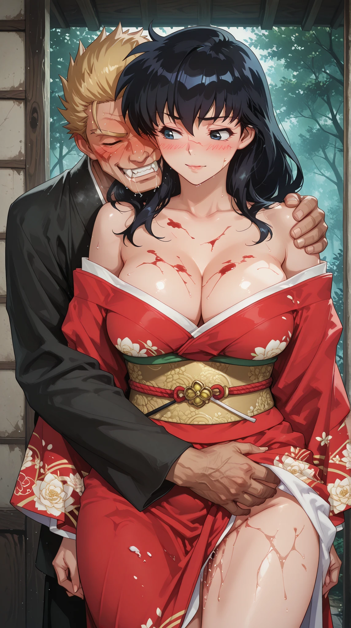 A beautiful 15-year-old pregnant princess from the Sengoku period with long black hair　Gorgeous embroidery, Ultra glossy, She is wearing a shiny red long-sleeved floral layered kimono.... Red kimono jacket　She is forced to embrace an old man in front of her lover.　Intense foreplay　Fluid spurting from her nipples　The old man massages her breasts