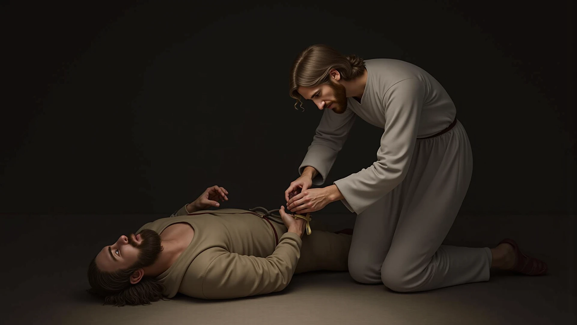Jesus and the Paralytic, Biblical Illustration, Epic Biblical Representation, Super Realistic Image, Cinematic Lighting, Beautiful Representation, Realistic, 4K, HDR