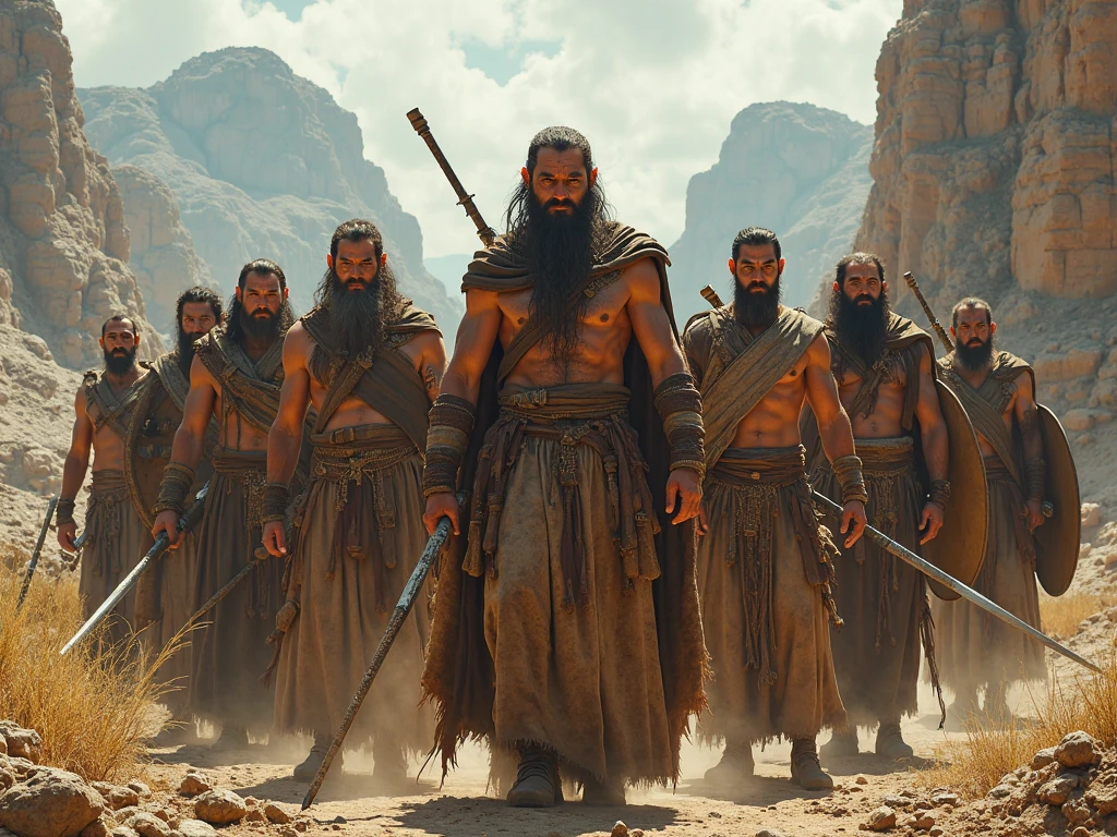 Man and woman in brown clothes standing in front of a group of men, cena do filme live action, ainda de um filme live action, 2.300 a.C., filme ainda de god of war, still image from tv series, biblical epic movie, jason momoa as assyrian, ainda de um filme de fantasia, pre - historic cave man family