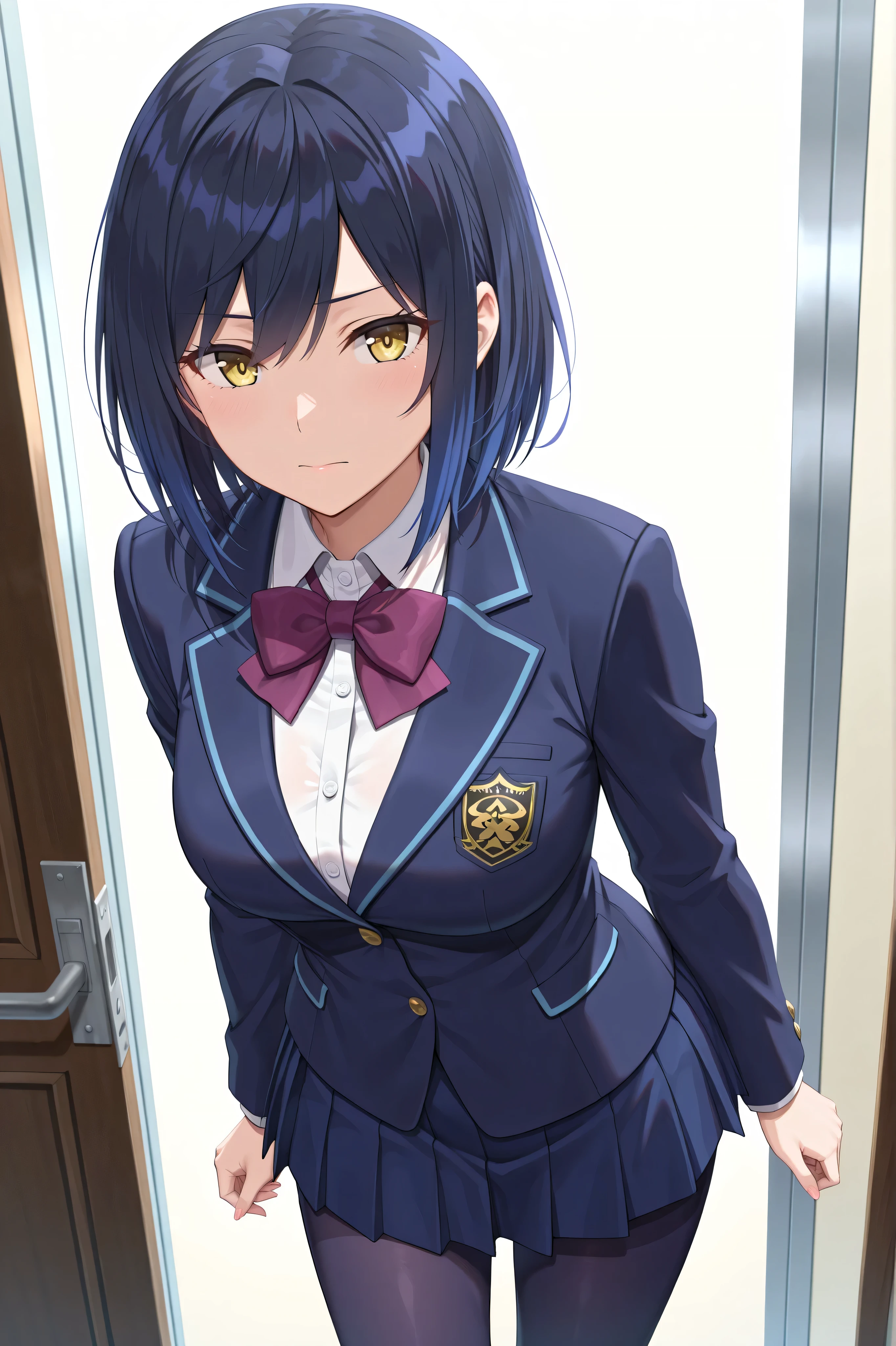 solo,masterpiece,best quality, amazing quality, highres, absurdres, very aesthetic, high resolution, ultra detailed, perfect details,nijirin,medium breasts,yellow eyes,blue hair,black hair,moles,medium hair,nijirincos,white shirt,collared shirt,purple bowtie,blazer jacket,blue jacket,closed jacket,blue skirt,miniskirt,pleated skirt,dark blue pantyhose,(masterpiece, detailed:1.2)、look at viewer,mature female,anime screencap,