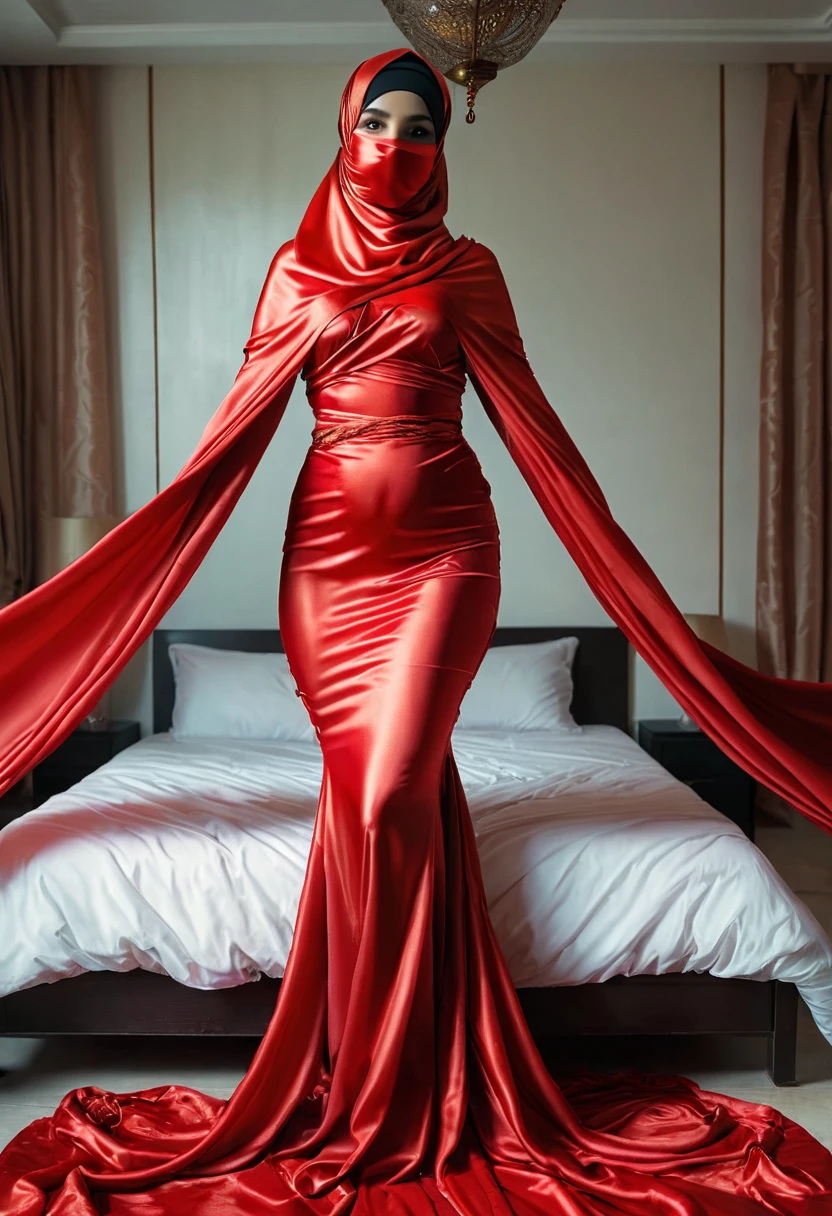 An malay woman in glamorous mermaid evening dress, wear long slave bolero, long satin scarf wrapped around her arms, wear jewellery, wear modern satin hijab, entirety of fabric over dress about 7 meters in length trailing dramatically, glamours style, overlong dress train, extreme detail on the texture of the fabric, wear high heels, sexy random pose in bed room, dramatic lighting, ultra realistic, high-resolution photography.
