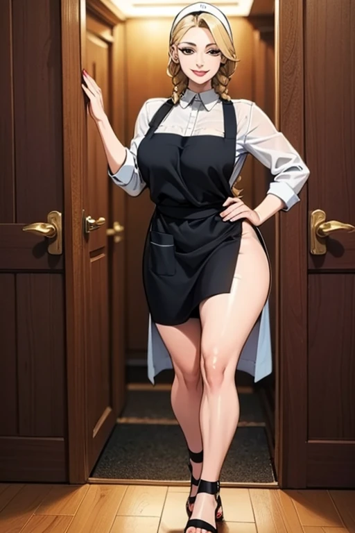 Mature woman with glasses and black hair tied up, completely naked, wearing large rubber gloves and white rubber boots in the bathroom