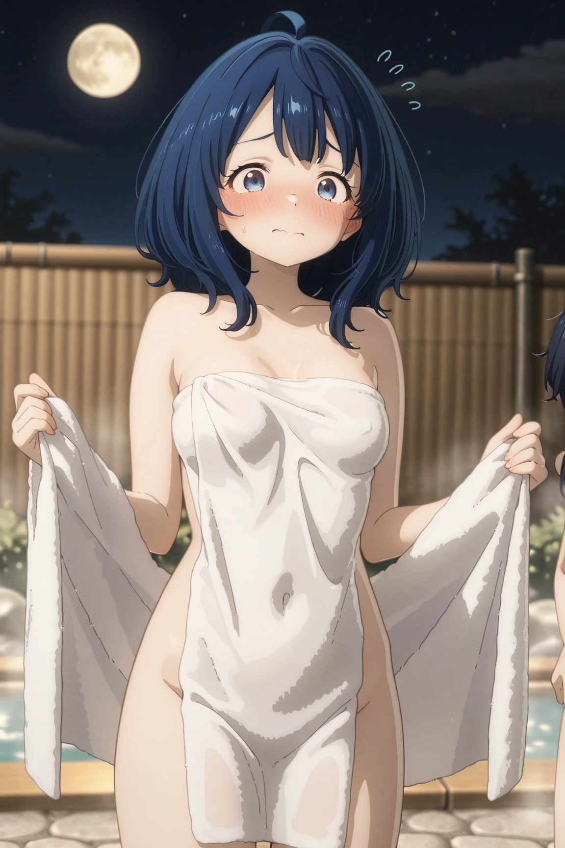 1girl, solo, school, masterpiece, professional artwork, famous artwork, perfect face,(glowing eyes:1), beautiful face,  Riko, , serafuku, blue eyes, blue hair, smileys,  front view, full body, staying, naked, blush,Perfect 