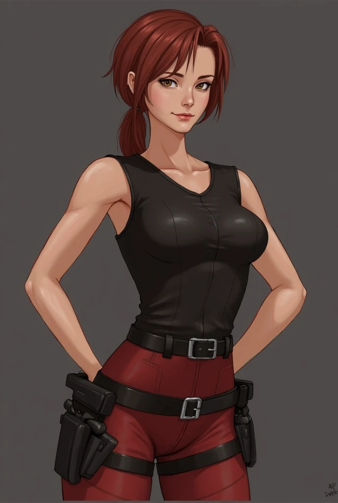 score_9, score_8_up, score_7_up, score_6_up, BREAK claire redfield, wearing black leather outfit, leather gloves, big breasts, evil smirk,holding rope, sweating, in a living room, looking at viewer