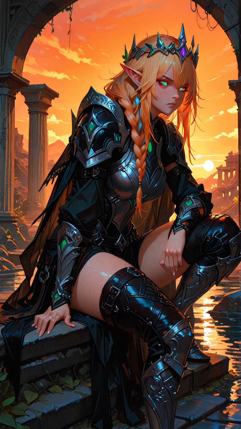 anime style, cinematic digital painting, masterpiece, high fantasy illustration, ultra detailed, best quality, 8K resolution, semi-realistic rendering, Rembrandt-style contrast, cinematic lighting, dramatic sunset, strong rim light, dramatic shadowing
extreme close-up portrait, focus on face and expressive eyes, glowing vivid green irises, ((highly detailed eyes)), ((multi-layered crystal-like texture in the irises)), sun-kissed skin, warm light on skin and hair, serious expression
female half-elf warrior, female half-human, tall athletic build, orange-blonde braided hair, fringe and side locks, intricate braid from crown, braided hair highlight
elven medium armor, polished silver metal, engraved curved motifs, leaf-shaped ornamentation, seamless armor set, black obsidian bracelet on right bicep, glowing amethyst runes, chestplate, spaulders, vambraces, greaves, reinforced leather padding, aged leather, dark leather straps, reflective silver highlights, glowing gemstones
confident stance, standing on stone path, ancient floating ruins, ruined arches and pillars, golden red-orange sky, no levitation, no smoke
