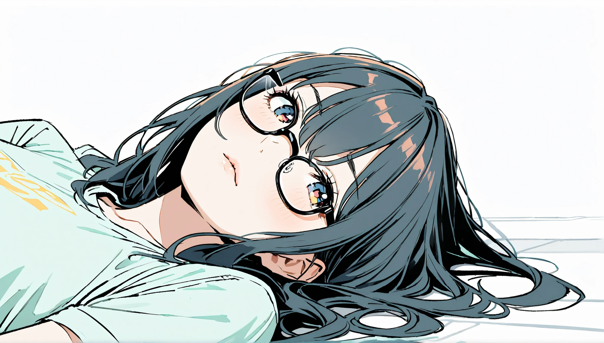 (White solid background))、((alone)),()),、((lying on the floor)),((),((Front view)),No expression,((Black semi-long hairstyle with long bangs)),(((black-rimmed glasses))),masterpiece, Highest quality, Beautiful attention to detail, Very detailed, In detail, High resolution, ((Tees))),Perfect Anatomy, , , Girl, (One person:1.5), alone,