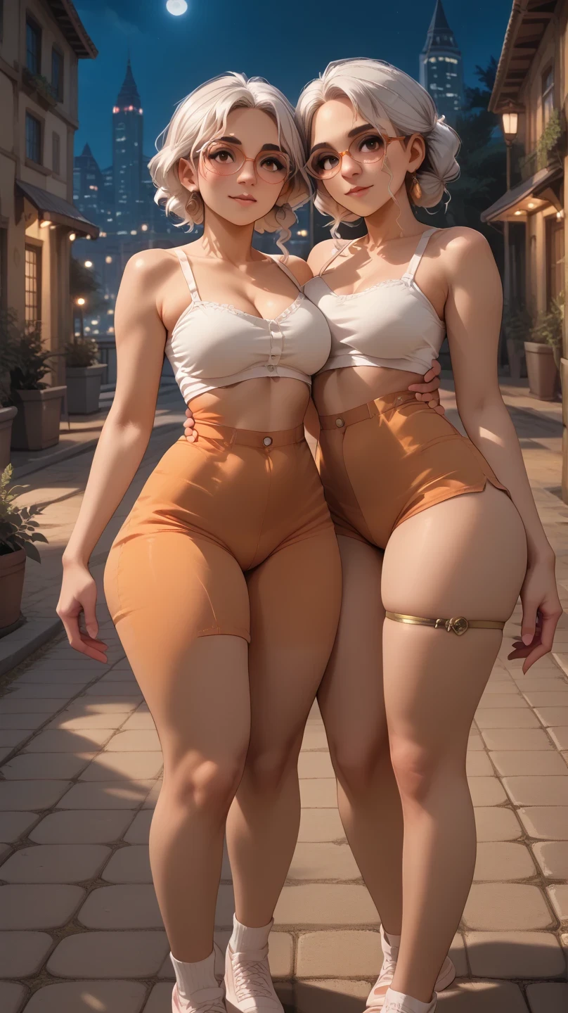 mirabel madrigal,  brown skin, glasses, perfect legs, perfect thighs, white hair, touching body, night , city, sexy pose(((curvy body))), BIG BREASTS, INVITING TO SEXY short shorts Showing ass to spectators, teasing, transparent