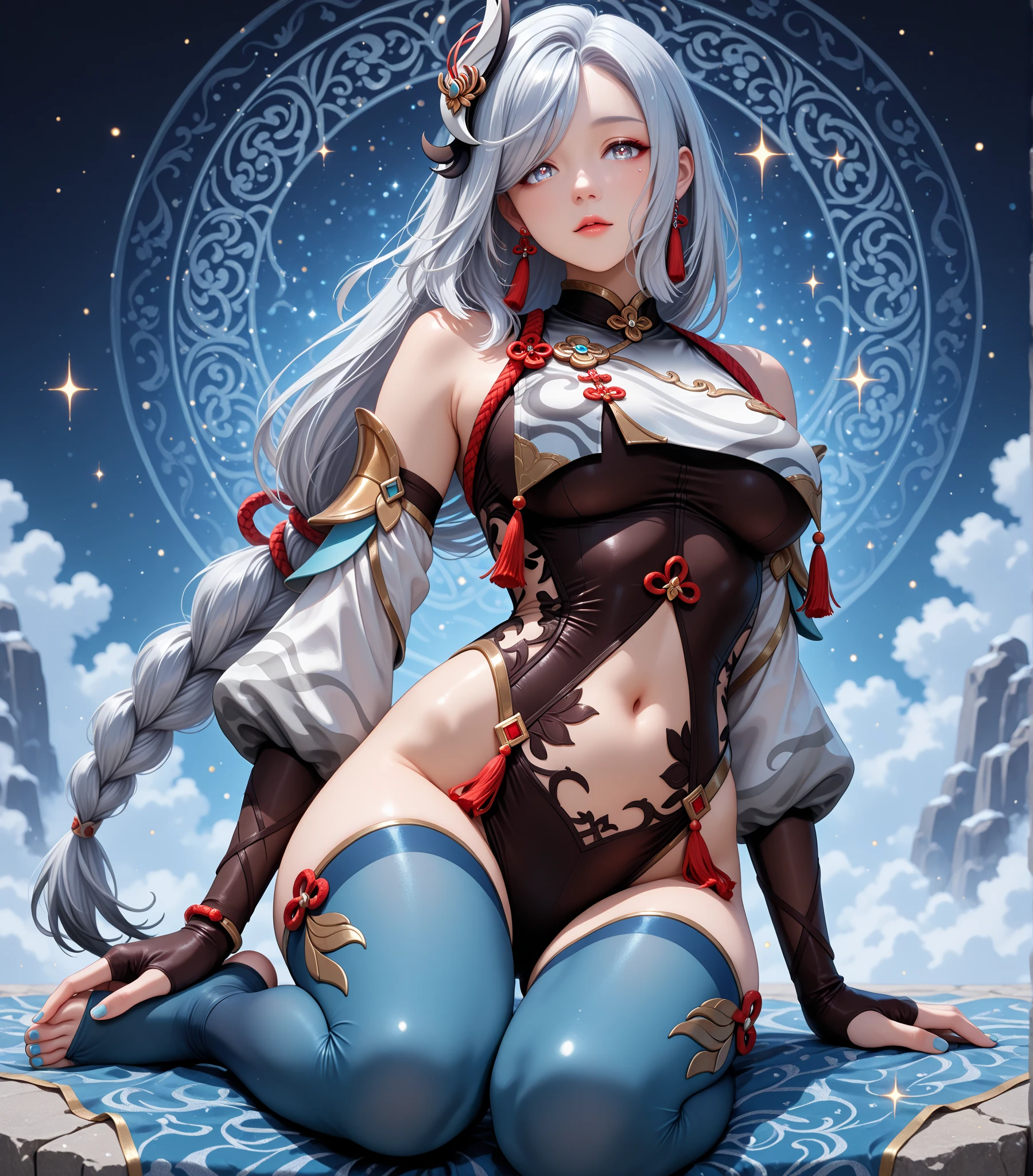 (best images quality),(Extremely detailed description),1girll,Dressed in ancient fairy costumes,(Very detailed details of the face),(full bodyesbian),(Very perfect body structure),(Very detailed and perfect facial depiction),Chang'e rushes to the moon,(((A white rabbit:1.2))Next to Chang'e:1.2), Blue starry sky,(Very large moon close-up),Moonlight shines through the clouds,,As estrelas(glitters),universe background,garments(blingbling),(tmasterpiece),(Brilliant results),(8k wallpaper),(Photography Award),Chinese mythology,Fantasy theme,ultra-realistic realism,realisticlying