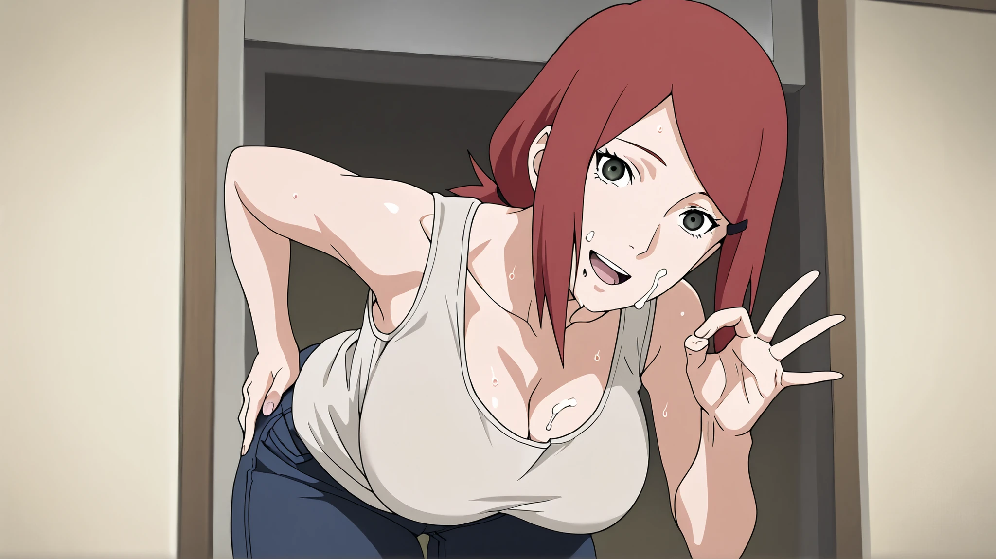 1 girl, Mother kushina uzumaki big breasted , head tilt, smile tank top jeans attractive thighs (( sweat all over vapor Crack Leaning forward)), showing cleavage, green eyes, bj gesture, red hair, gold hairclip, cum on face, open mouth