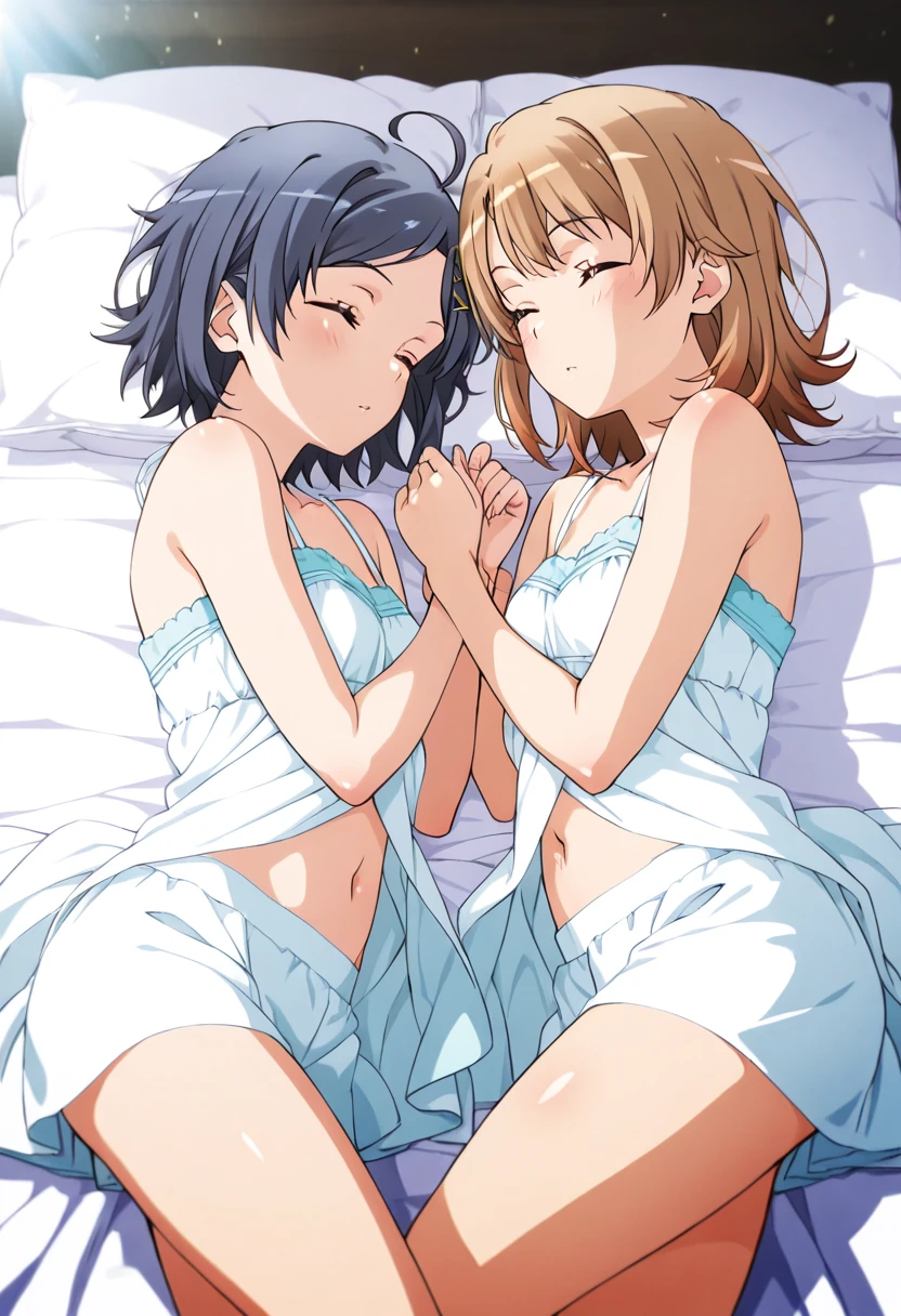 2 girls , Yukinoshita Yukino , Yuigahama Yui has a wonderful bust and hips........, waltz dance , In underwear,pink good,belly button,side-string panties,white bra、belly button,white panties,((pussy line:1.0)),Pussy,urethra,NSFW,thighs,butt,look at the camera,shy,Troubled smile,blush,high angle,beautiful eyes ,bed