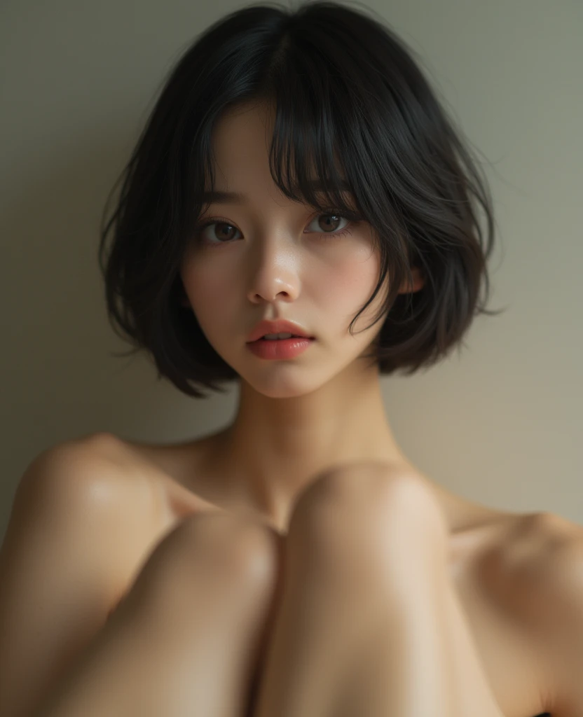 a girl of 22 years old, white skin, black hair with butterfly cut, without clothes, showing her chest,