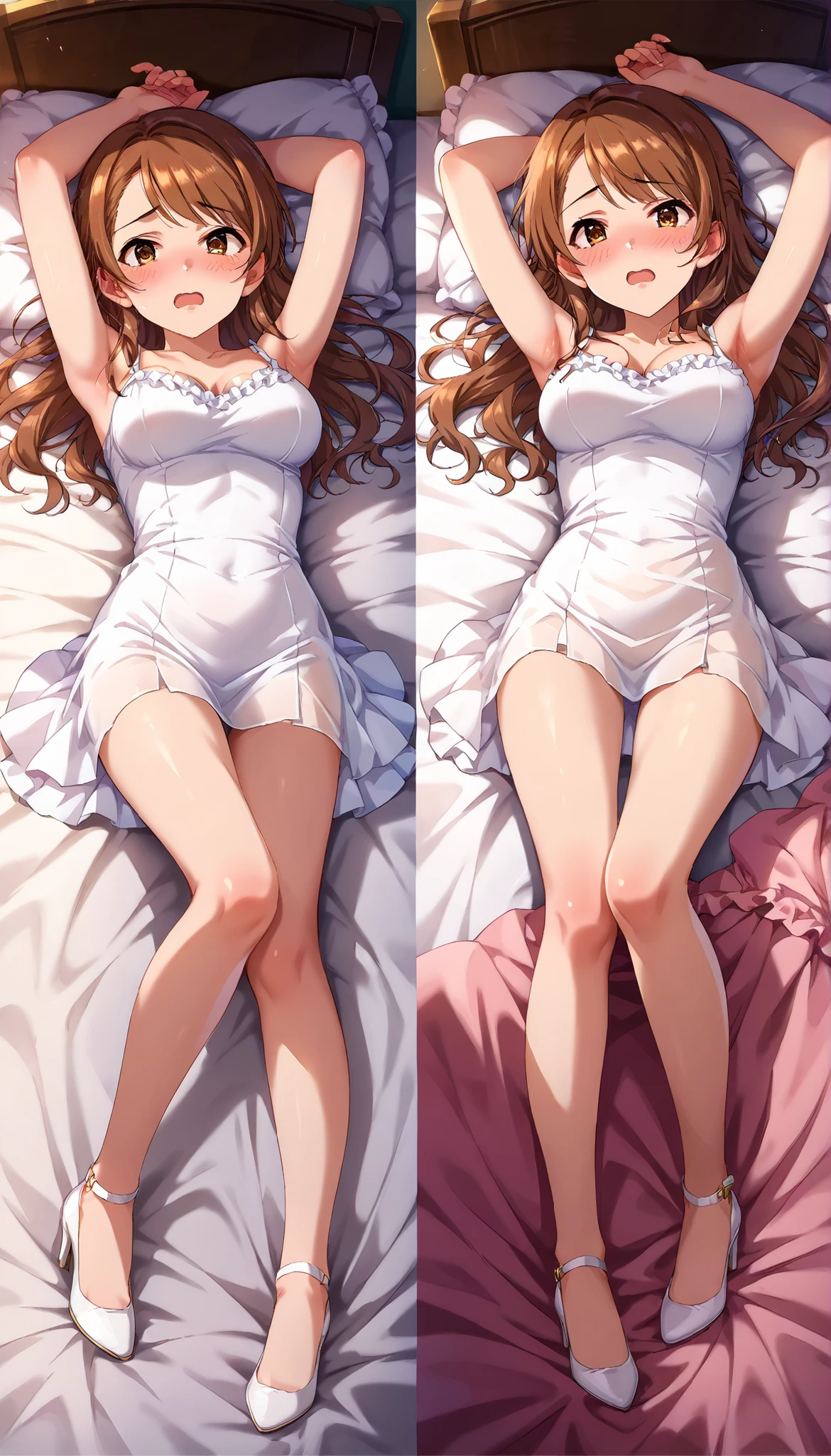 2 girls, the best, masterpiece, HD, (whole body), Symmetrical, alone, (whole body from head to toe), ((moro liberation front)), slingshot bikini, unrealistic, (( camel toe)), ((((translucent bikini)))), ((((translucent)))), ((((transparent)))), (((transparent clothing))), whole body视图, Look toward the camera, ((Life-size pillow)), ((dakimakura)), (Lying in bed),Physically based rendering, beautiful women, Perfect body, Smile, bedroom, Giant breast, barefoot, toe