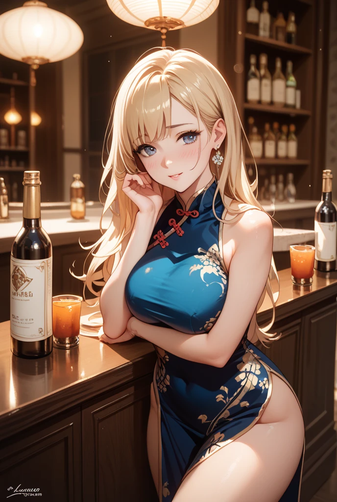 (masterpiece:1.3, highest quality, Ultra-high resolution, Super detailed), (Realistic, photoRealistic:1.4), Beautiful illustrations, Perfect lighting, Natural light, colorful, Depth of written boundary, Surrealism, View your viewers, 1 girl, 16 years old, 7 heads, Perfect Face, (Perfect ???????), Cute and symmetrical face, Baby Face, Shiny skin, (Ideal body proportions), (Middle Hair:1.5, Side Ponytail:1.2, Blonde), Hair between the eyes, Dark blue eyes, Long Eyelashes, (Large Breasts:1.2, Captivating thighs), thin, Small Ass, thin脚, Beautiful Hair, Beautiful Face, Beautiful fine details, Beautiful clavicle, Beautiful body, Beautiful breasts, Beautiful thighs, Beautiful feet, Beautiful fingers, ((sleeveless blue mini cheongsam dress)), Blue High Heels, (Beautiful views), evening, (bar counter), (smile:1.5, happiness), No clothes, Completely ?????.