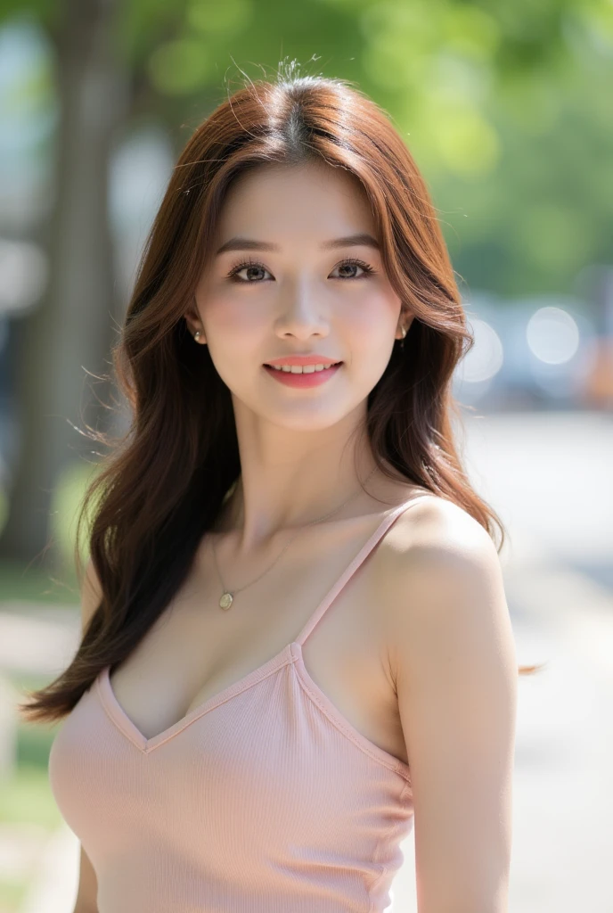 ((Highest resolution, 8K, Masterpiece 1.3)), Upper body (1.3), Huge breasts (5), Excellent figure, Gentle face, Parallel eyebrows, Smile, Natural makeup, Long straight hair, Hair blowing in the wind, Blowing kisses, Clothes that emphasize cleavage, skirts, refreshing looks, lunches, sunlight filtering through the city leaves, full body shots,