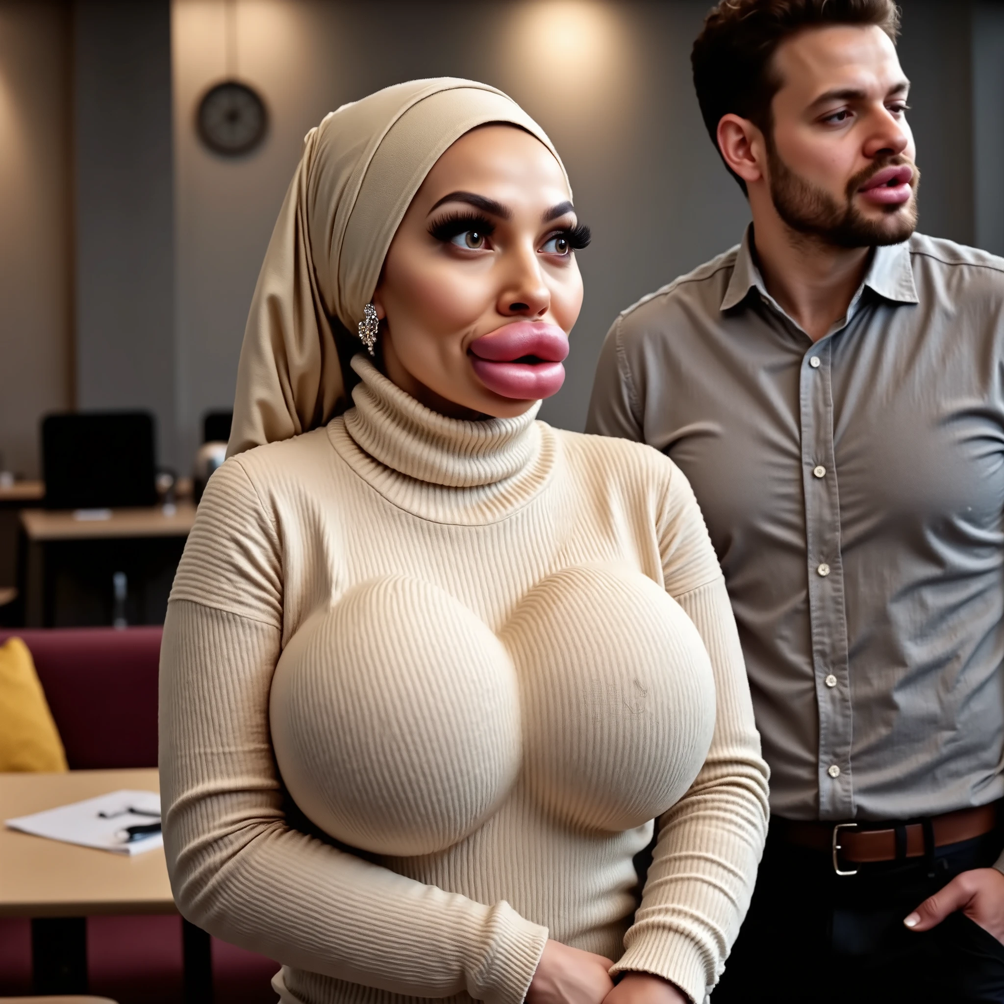 (( young black male pastor wearing a large cross pendant, clergy collar, and robes:1.2)), in his ((living room:1.4)) accompanied by a happy ((50 year old, busty,with humongous ungodly oversize,fat,heavy,saggy,wide breasts, and slutty black church mother, showing gross cleavage:1.4)), 1man,1woman