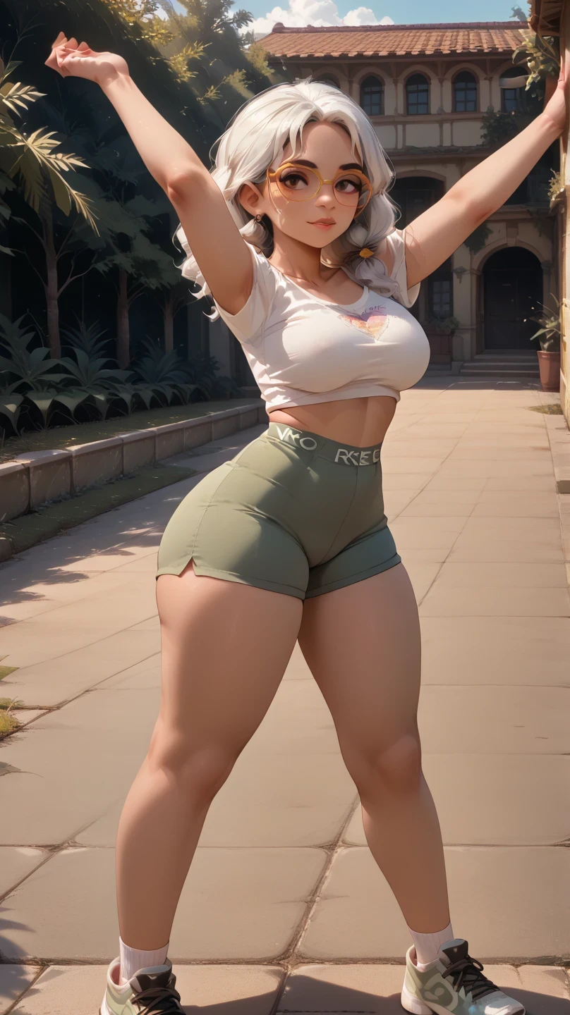 mirabel madrigal,  brown skin, glasses, perfect legs, perfect thighs, white hair, stretching, gym(((curvy body))), BIG BREASTS, INVITING TO SEXY short shorts Showing ass to spectators, teasing, mesh