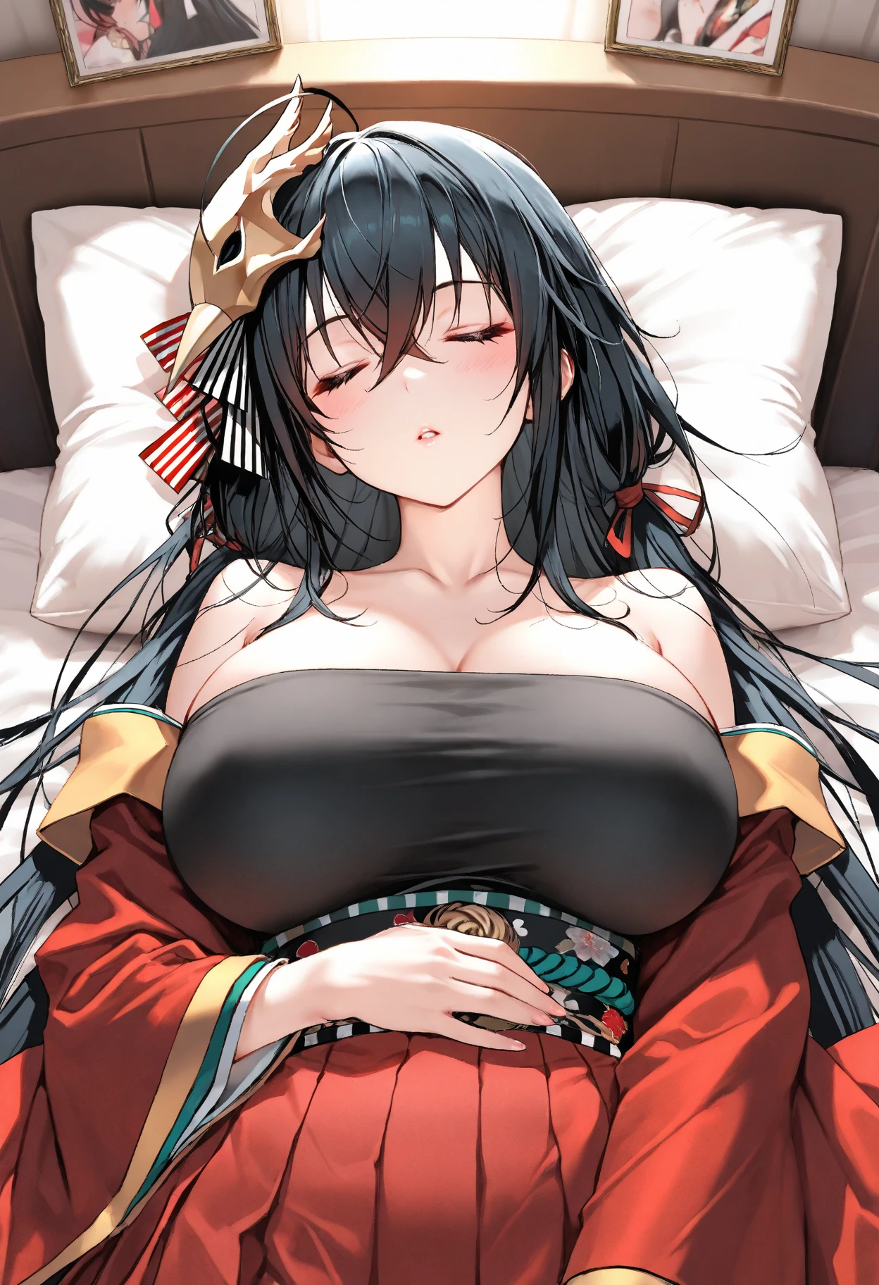 Highest quality、Best image quality、Ultra-high resolution、Ultra-high resolutionで描画、futonに横になっている、Are sleeping、Sleeping together、Bright red eyes、Very beautiful adult woman、非常に精細なBeautiful Face、very fine and beautiful eyes、Beautiful gesture、charm、Beautiful Face、Cleanliness、Pure Face、Shiny skin、Black Hair、Light of the sun、Center of chest、Golden RatioのBeautiful Face、Golden Ratio、very beautiful big breasts、Expose your shoulders、Long neck、Neat long hair with bangs、Perfect Fingers、Perfect hands、Perfect body、Perfect Face、Shine a light into your eyes、Off the shoulder、Cleavage、Black Hair、Underwear is visible、White yukata、敷futon、Japanese-style room、Yukata at a Ryokan、Atmosphere before going to sleep at night、futon、Bedroom、Lying down and relaxing