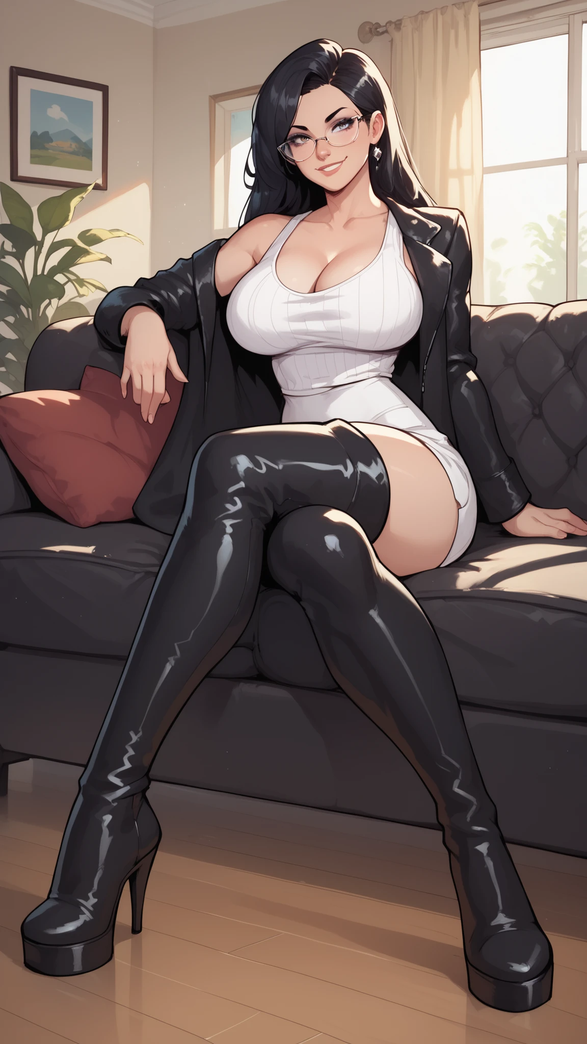 Hot sexy beautiful one women , long silver chandelier earrings,big breasts, ,black hair , hair bun,blush,blue eyes, smiling,red lipstick, white coat, black shirt, long sleeves,heels,full body view