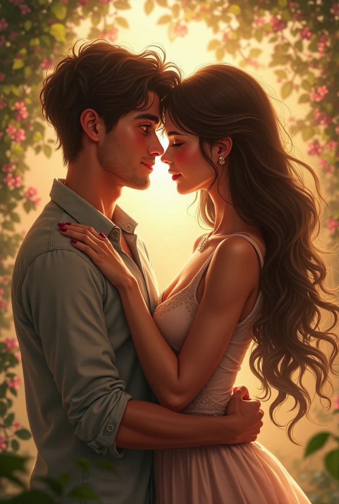 I want you to create me and my crush together . I have curly hair and slightly dark brown eyes., My body is well-made and I'm beautiful and my crush has black hair and green eyes, robust body, Very beauthful.