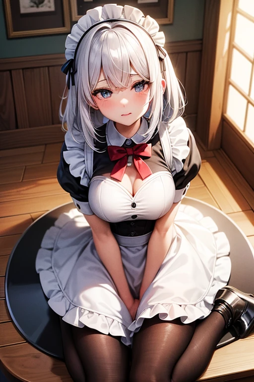 Fille au longs cheveux blancs et a la peau claire, assez fine en tenue de maid sexy
