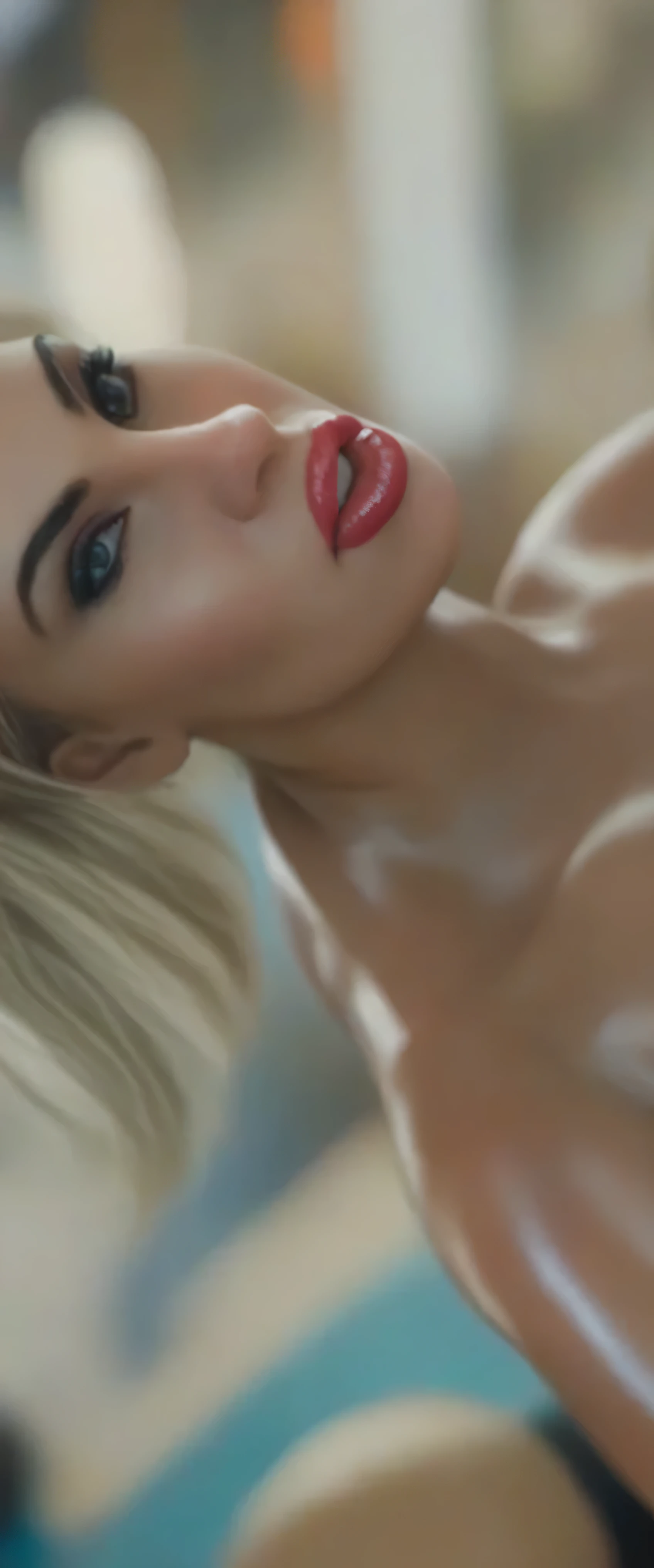 ((Top Quality, 8k, Masterpiece: 1.3)), [white blonde] Beauty 1 Person: 1.3, Wet skin all over with aromatic oils, Ultra detailed face, Detailed eyes, Double eyelids, Slender abs, (((pixie cut)))], slim body, large azure eyes, luscious lips, freckles, looking at the camera, detailed face, detailed eyes, candy lace micro bikini, Hotel bed, Crawling on all fours, Looking at the camera, Open mouth, From below, 2 legs, 2 arms, futuristic, scifi, plugsuit, transparent latex, goth, dark lips, large breasts, solo, black hair, gloves, g0thicPXL, dutch angle, smirk, controls, joystick, holographic interface, technology, close up, glowing, neon, smiling flirting, figures in background 