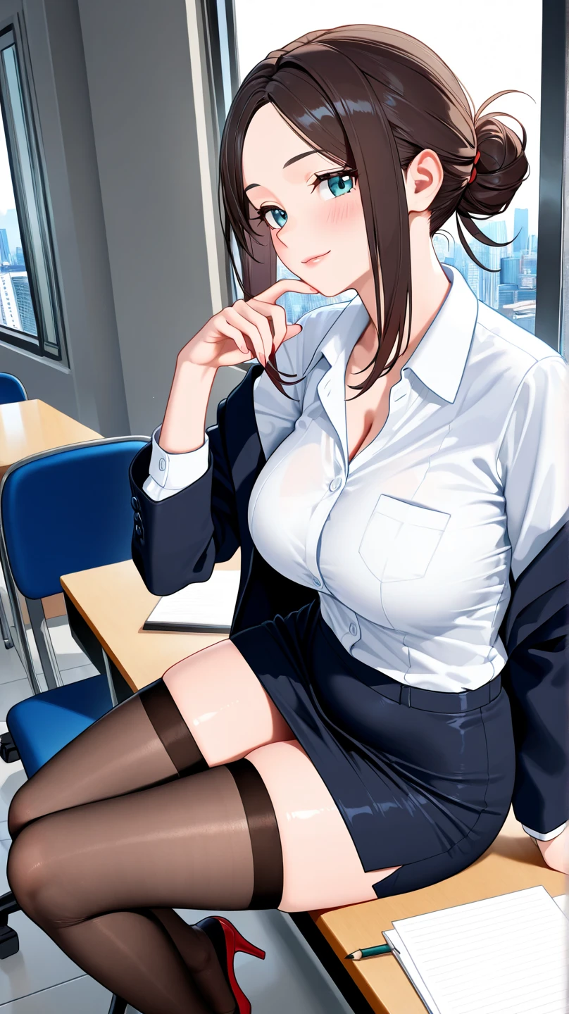 1 Female, beautiful, 25 years old, (formal jacket with 3/4 length, tight sheer 3/4 length blouse, tight mini skirt, glasses, hair accessory, pantyhose), office lady, beautiful secretary, sexy, high-class panties, upskirt, panty shot, earrings, necklace, hair tucked behind ear, straight long hair, normal chest, front view, facing each other, office, bangs, (one knee down, one knee raised: 1.2), torn clothes, expressionless,
ultra-detailed, high resolution, extremely detailed CG, unity 8k wallpaper, official art, super detailed skin, perfect anatomy, cinematic lighting, beautiful detailed eyes, depth of field、(((anatomically correct))), ideal ratio body proportions、