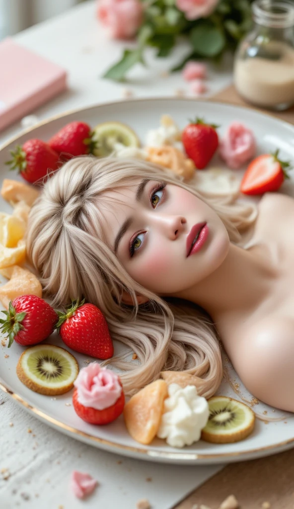 astrid hofferson, closed eyes, open mouth, naked, Skinny body, small bust, lying down, Whole body, two hands, 2 pies, open legs, hands up, beautiful,