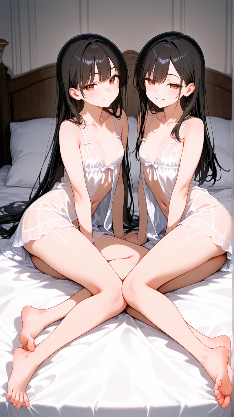 ((Highest quality)), ((anime)), (Perfect Face),(Small breasts),Perfect Fingers,Gentle expression,Beautiful face,,bed,Thin arms,Skinny,Black Hair,Thin legs,naked,Pussy,Sisters,Two people