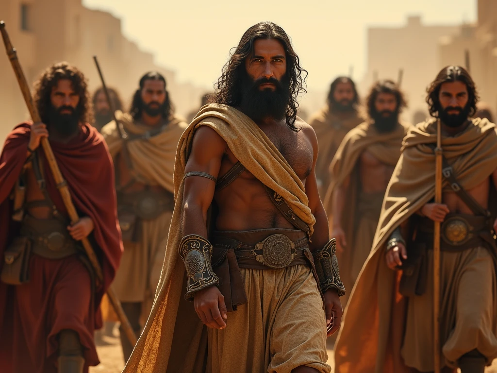 Illustrate a scene from the 7th century showing Prophet Muhammad leading his followers during the Hijra from