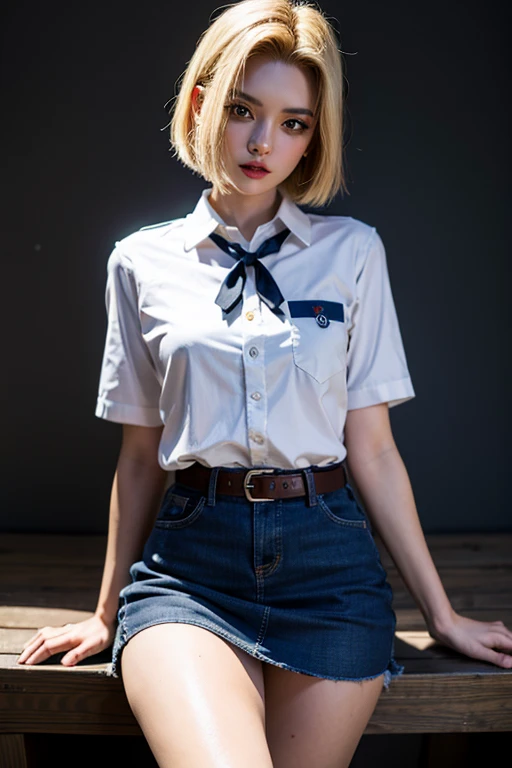 short-cut、a blond、blue eyess、Delicate details、4K、8K、校服、The upper body is down、a miniskirt、squatting、Asian、huge tit、