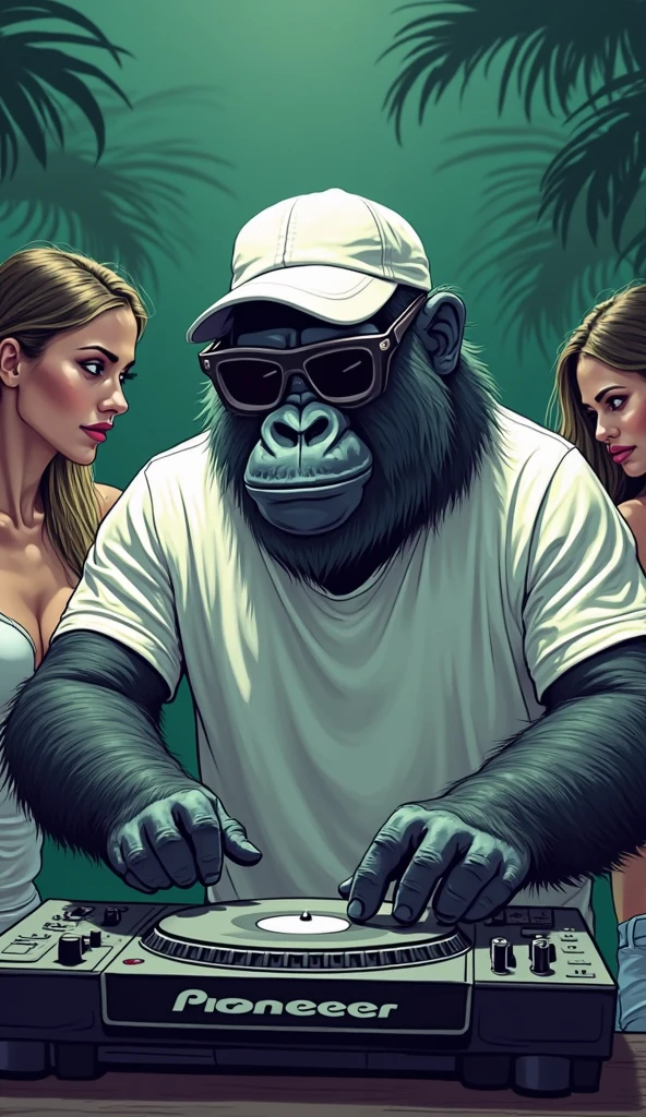 From the distance comes a green lowrider convertible with a golden inscription GrapeApe approaching, in the car sits a GORILLA with a cap "ga" and a college jacket and serious look, next to it sits a woman with black hair, glasses, pony tail, Black Crown, green eyes, Black Dress, plunging neckline, Loving Gaze, in the background a street at night with a starry sky, Modern Comic, side view of the car; Smoke under the edges, Gorilla sits on the right in the car, Woman sits on the left in the car
