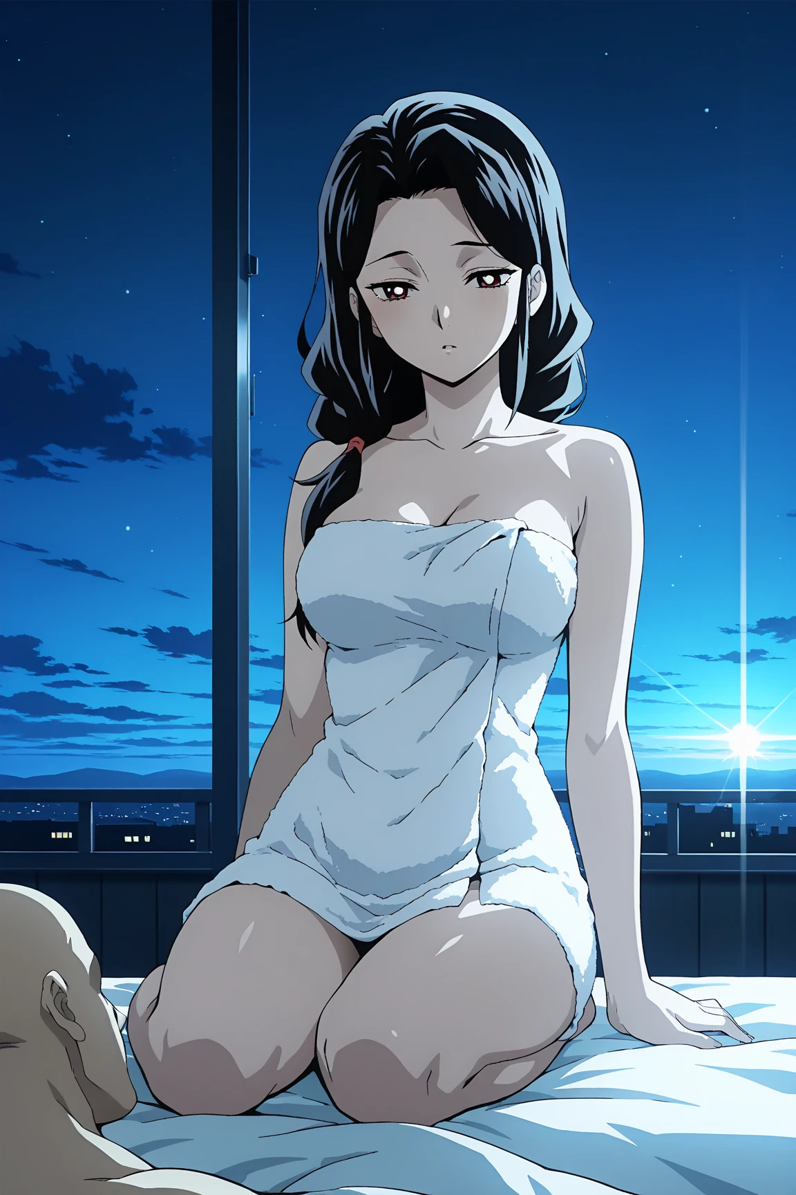 ((masainterpiece, besaint quality)),, saint. Louis (Luxury Wheels) (Azur Lane), High resolution, highesaint quallity, illusaintration, Cinematic Light, Super detailed, Detailed face, (Detailed eyes), besaint quality, Super detailed, masainterpiece, (Detailed face), large breasaints, hair ornaments, Earrings, necklace, Portraiture, Silver Dress, Revealing clothing,highesaint details, Glowing Eyes, (Hotel:1.2), Sitting in bed, Sitting, bed, window, Night Sky, Backlight, light, (high contrasaint), (colorful),