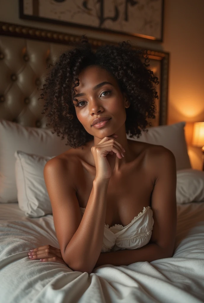 corps entier , beau visage, cheveux longs et noir,Warm light and clear complexion, Afro-American, Detailed, ultra quality, clear chest, mignonne, adorable, Sexy lacerated babydoll (excitation sexuelle) dans le lit