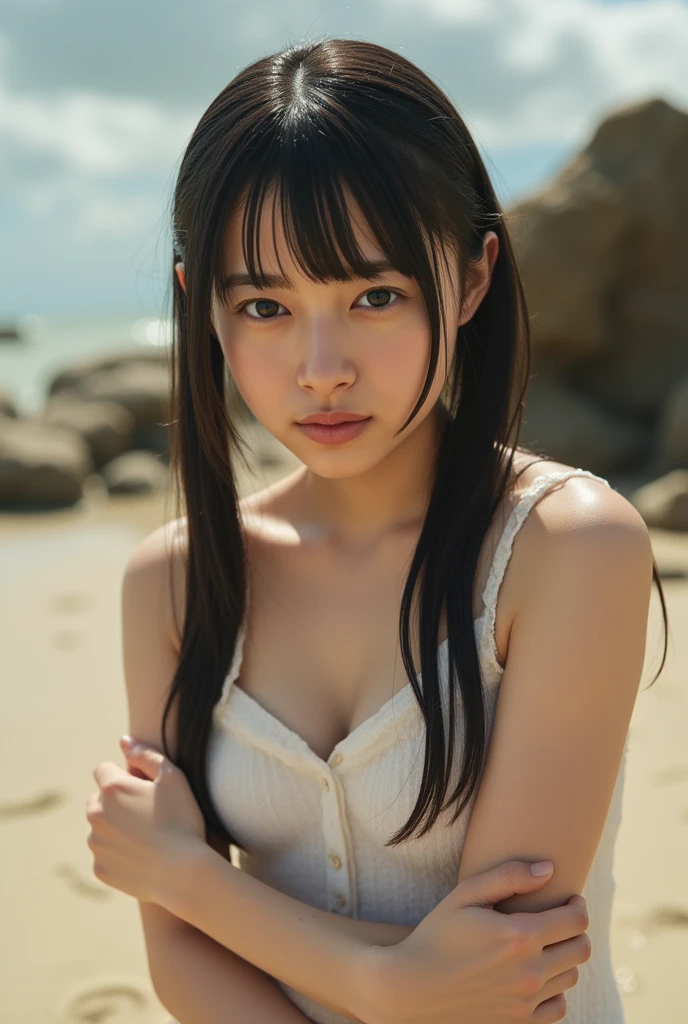 One Girl, (Beautiful girl, Delicate girl:1.3), (15 years old:1.3),
break, (Dark Skin:1.3), (White shirt, No sleeve:1.2), Shorts,
break, (Beach:1.3), (Leaning forward:1.3),
break, Very beautiful eyes, (Symmetrical eyes:1.3),
break, Small breasts, Brown eyes, parted bangs, brown hair, ponytail, (Upper teeth, The best smile:0.2),
break, (Eyes and facial details:1.0),
break, (masterpiece, highest quality, Super detailed, Detailed face, 8k)
