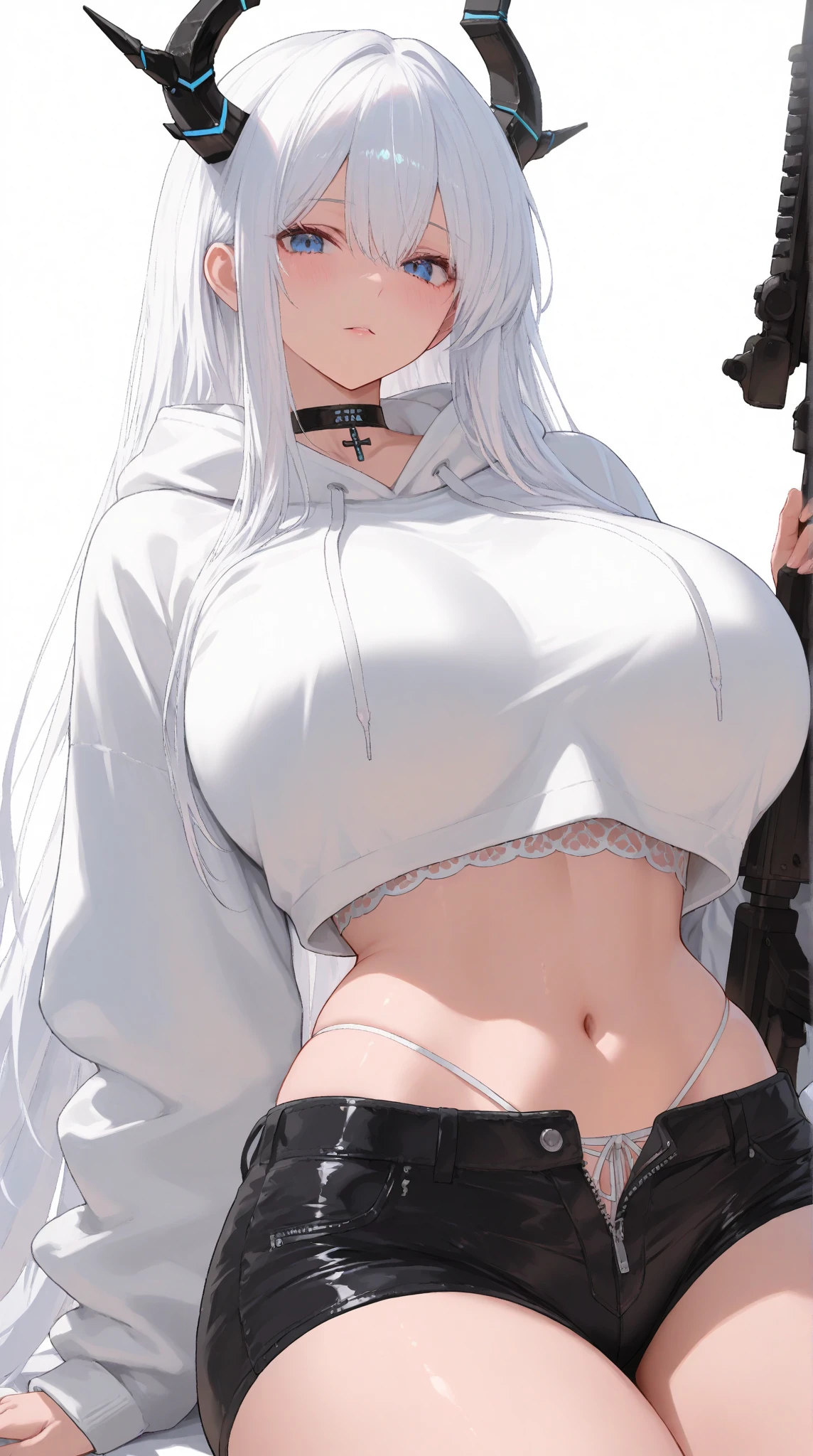 winter forest, girl with wide hips and big thighs, black boots, black hat, black jacket over naked body, white hair, blue eyes, without bra, without panties